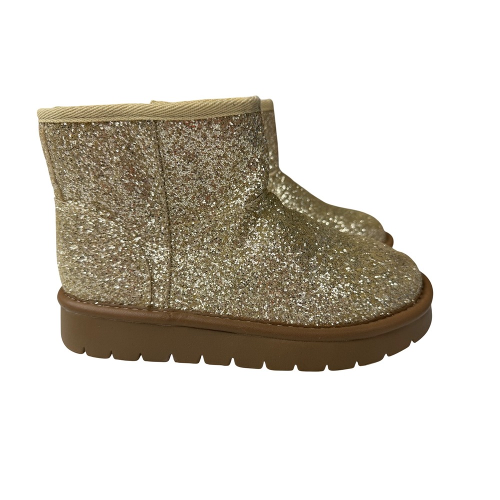 Cat and Jack Girls Gold Glitter Ankle Boots Faux Fur Lined Side Zip Size 1